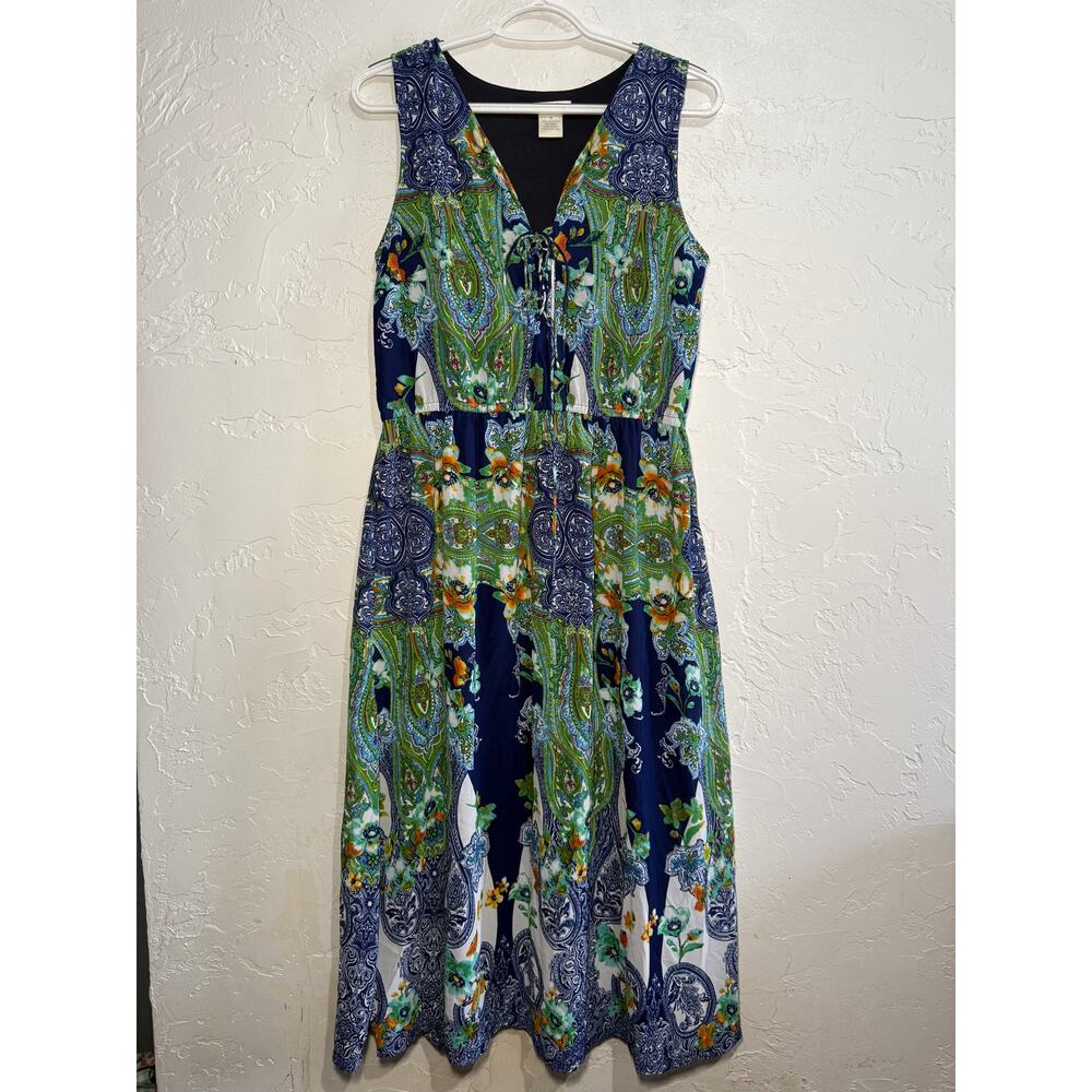 Miss Pink‎ elastic waist lace up paisley print dress womens medium milkmaid